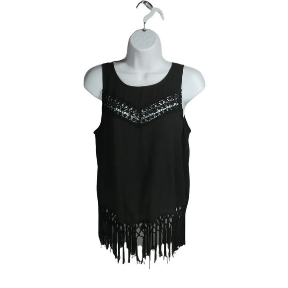Monteau Swing Back Closure Fringe Semi-Sheer Crocheted Lace Black Top  Blouse S - Picture 1 of 8